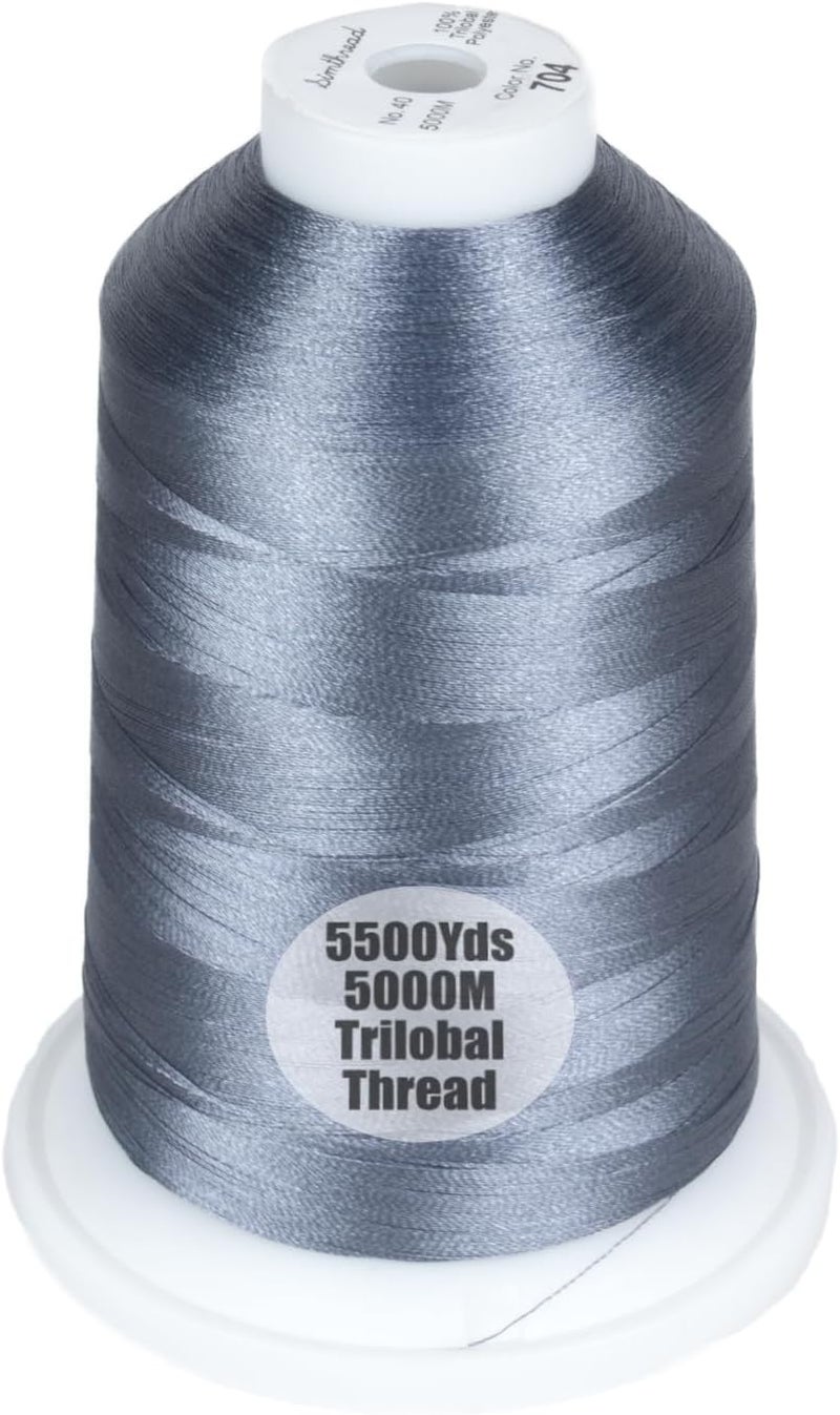 simthread Trilobal Polyester Thread – 5000M (5500yds) No.40 – Super Sheen, Tangle-Free – Built-in Thread Lock Spool – Compatible with Brother, Singer, Janome & More, Pewter-704 - Image 1